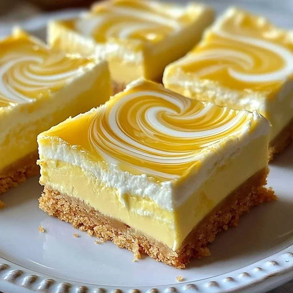 Delicious Lemon Marble Cheesecake Bars with a creamy texture and vibrant lemon swirls.