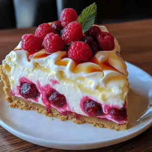 Lemon Raspberry Meringue Cheesecake with vibrant raspberries and fluffy meringue topping