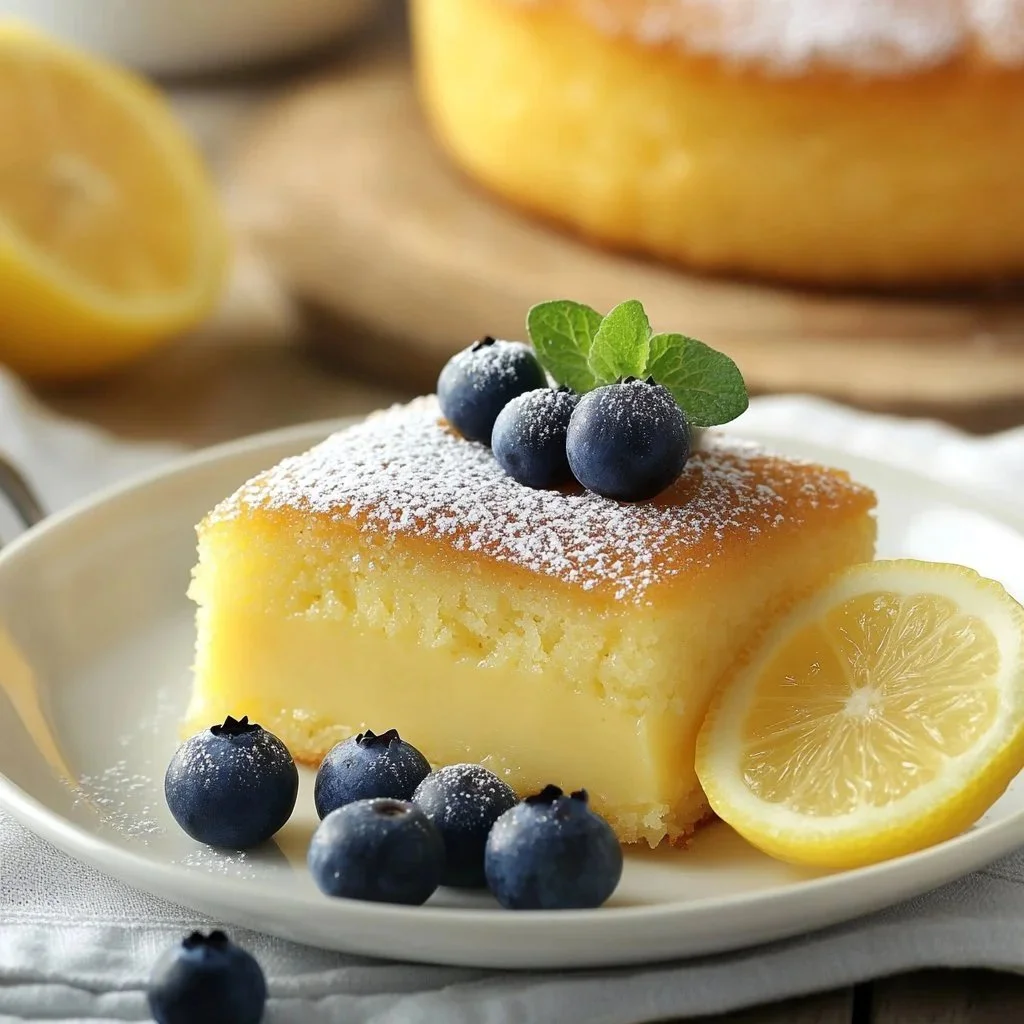 Lemon Zest Custard Cake, a tangy and creamy dessert with a fresh lemon flavor.