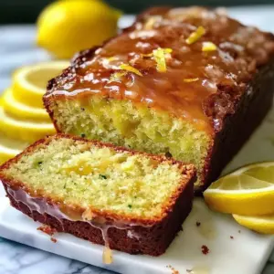 Slice of lemon zucchini bread with a drizzle of lemon glaze
