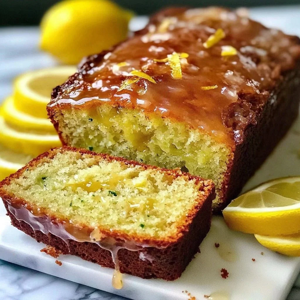 Slice of lemon zucchini bread with a drizzle of lemon glaze