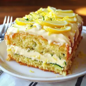 Slices of moist lemon zucchini cake topped with creamy frosting