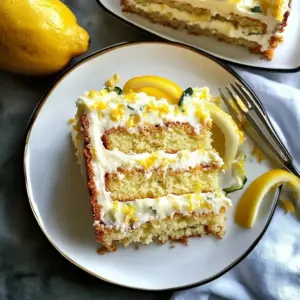 Homemade lemon zucchini cake with creamy frosting on a white plate