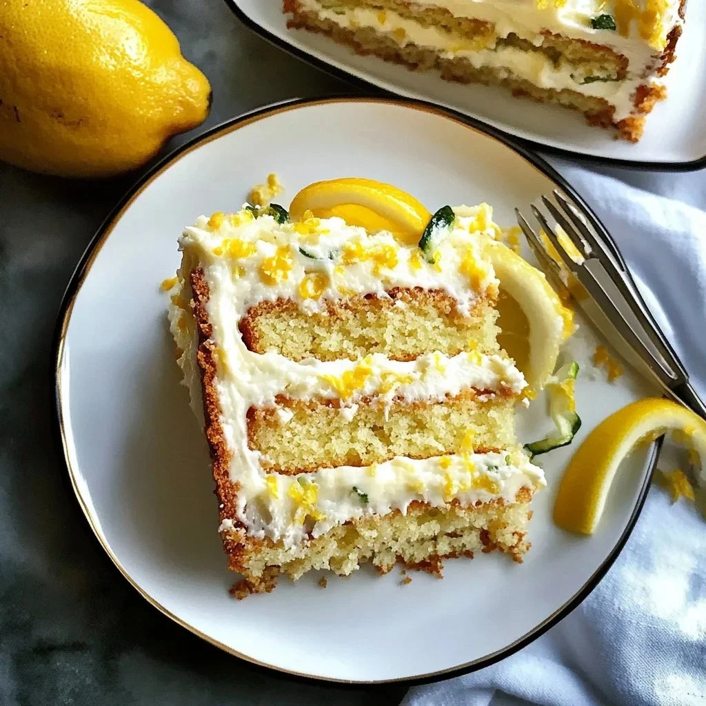 Homemade lemon zucchini cake with creamy frosting on a white plate