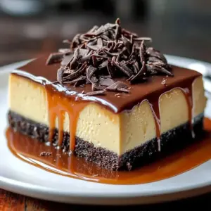 Luxurious chocolate caramel dessert topped with drizzle and sprinkles