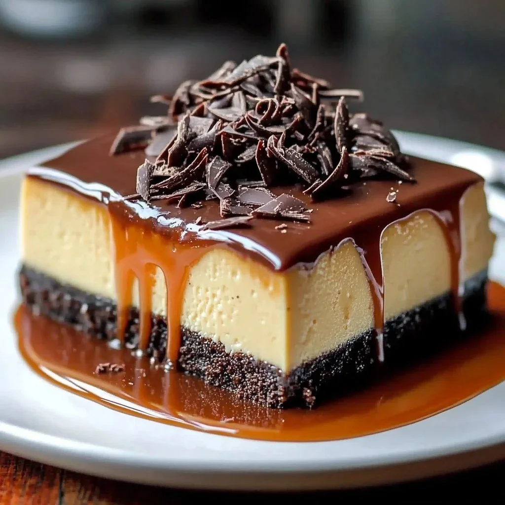 Luxurious chocolate caramel dessert topped with drizzle and sprinkles