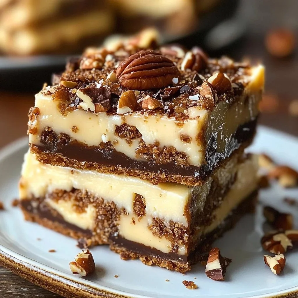 Delicious pecan cheesecake bars topped with crunchy pecans and creamy filling.