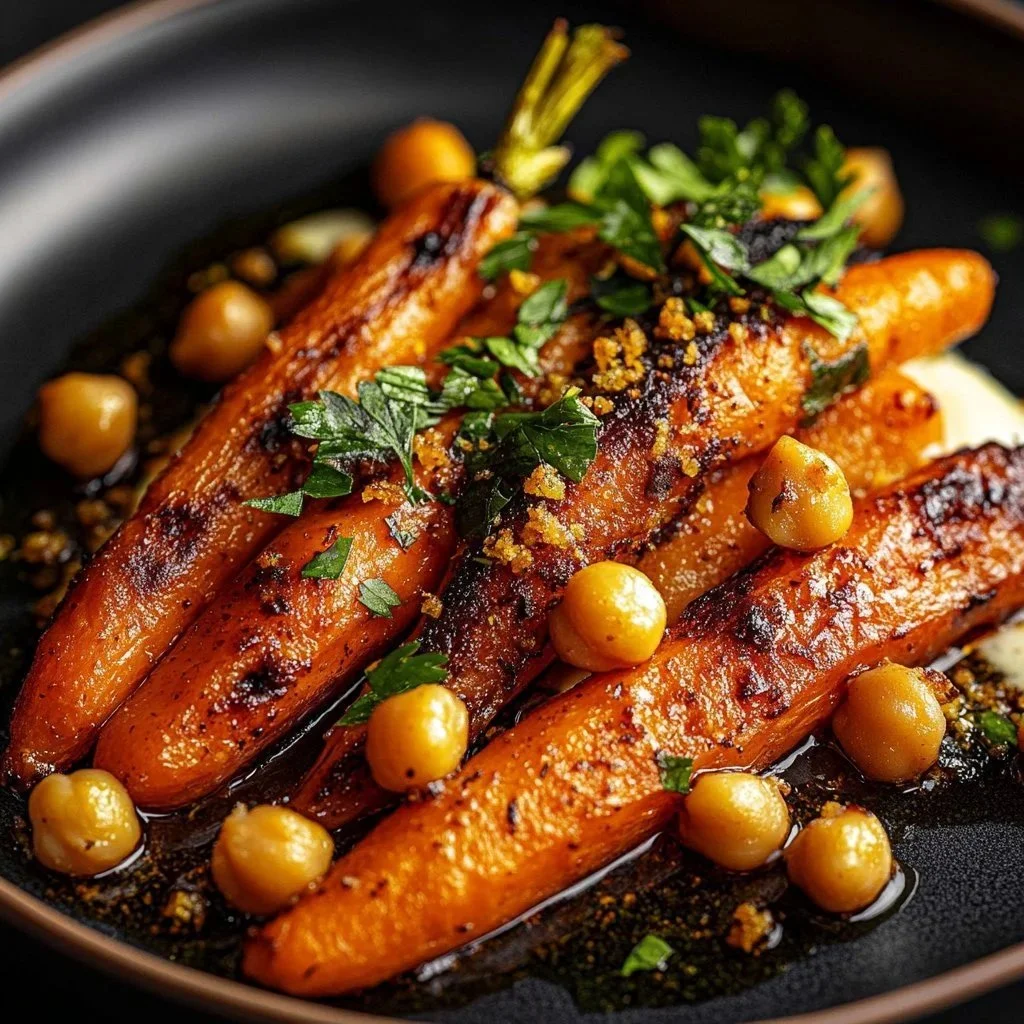 Maple roasted carrots and chickpeas served on a plate