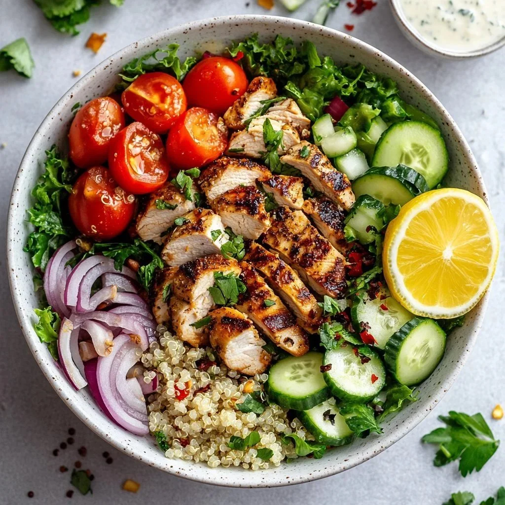 Healthy Mediterranean Chicken Bowl with fresh vegetables and grains