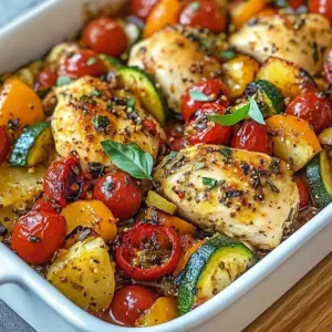 Mediterranean chicken zucchini casserole topped with herbs and cheese