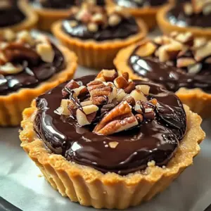 Mini pecan chocolate coconut tarts on a decorative plate