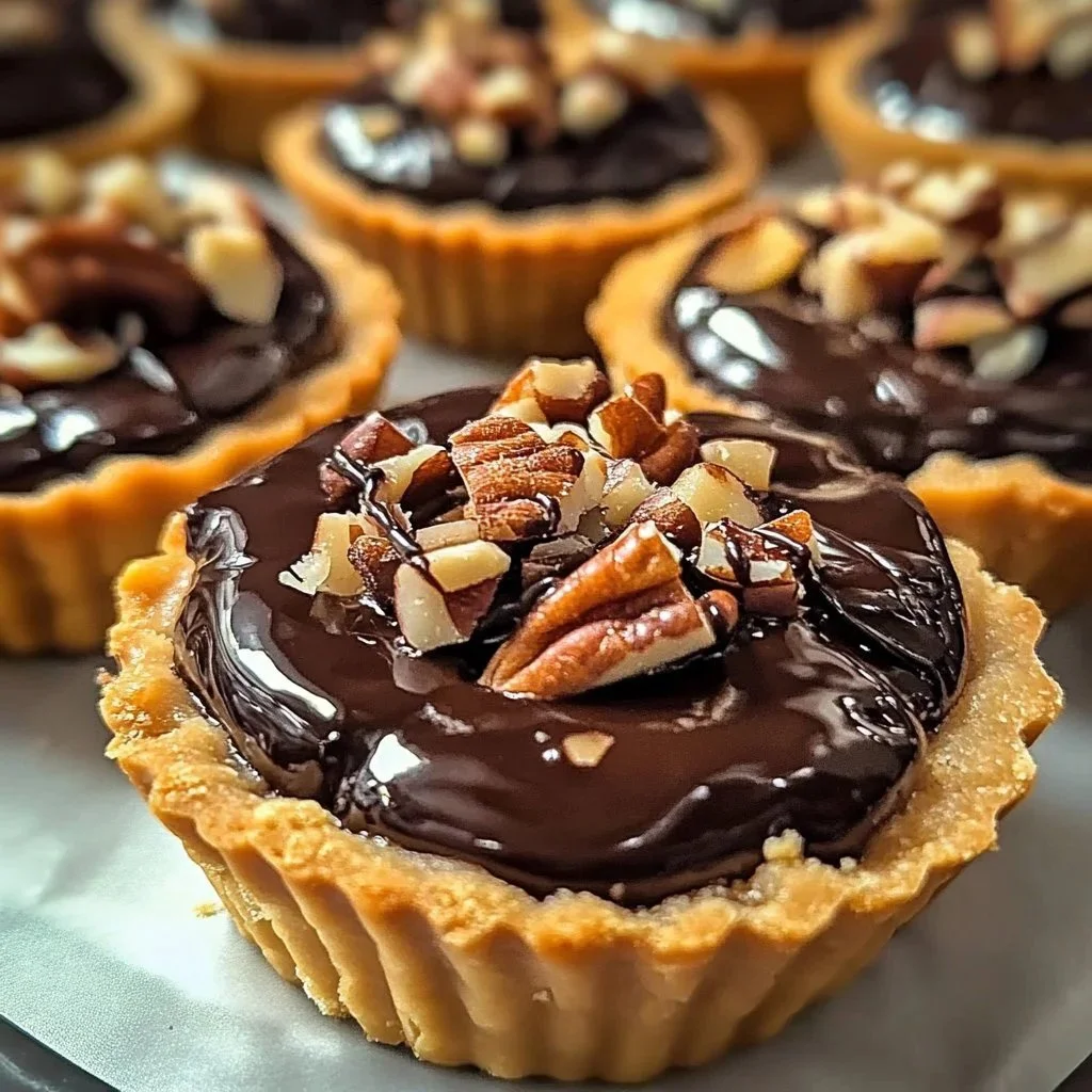 Mini pecan chocolate coconut tarts on a decorative plate