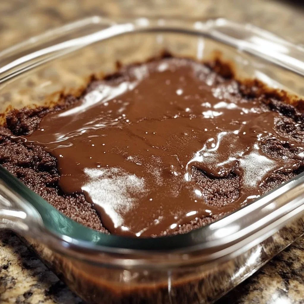 Decadent molten fudge chocolate pudding cake served on a white plate