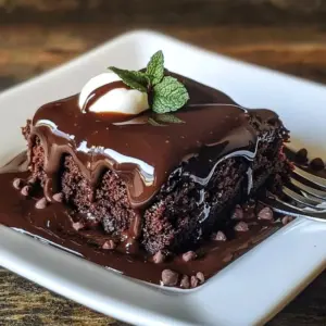 Delicious molten fudge pudding cake served warm with chocolate drizzle.