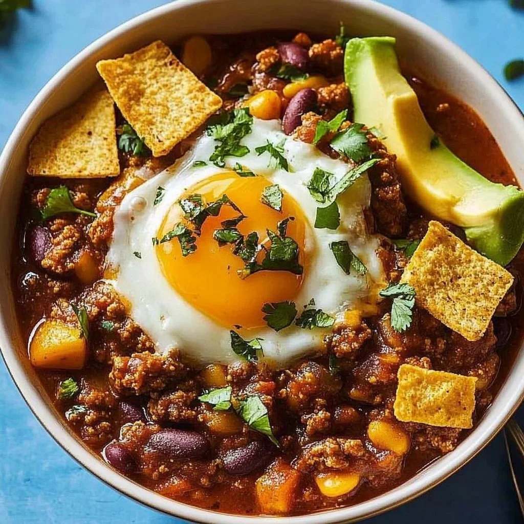 Delicious bowl of Morning Chorizo Chili topped with fresh cilantro