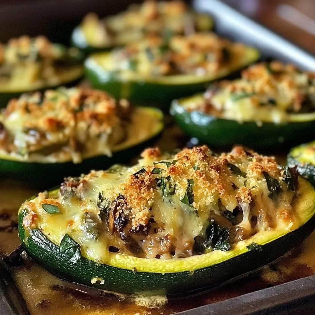 Mushroom Spinach Ricotta stuffed zucchini on a plate.