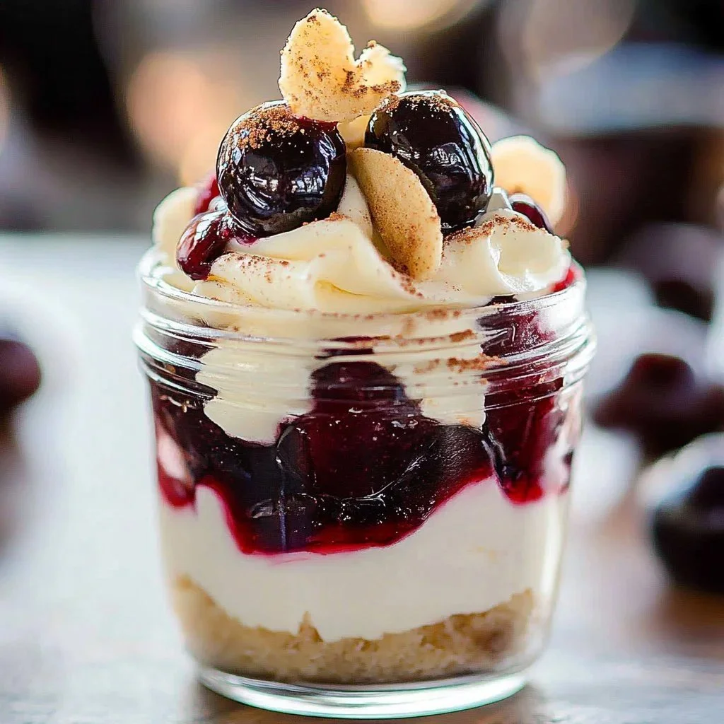 No-bake cherry pie parfait with layers of whipped cream and cherry pie filling