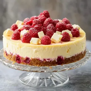 No-bake gluten-free white chocolate raspberry cheesecake with fresh raspberries