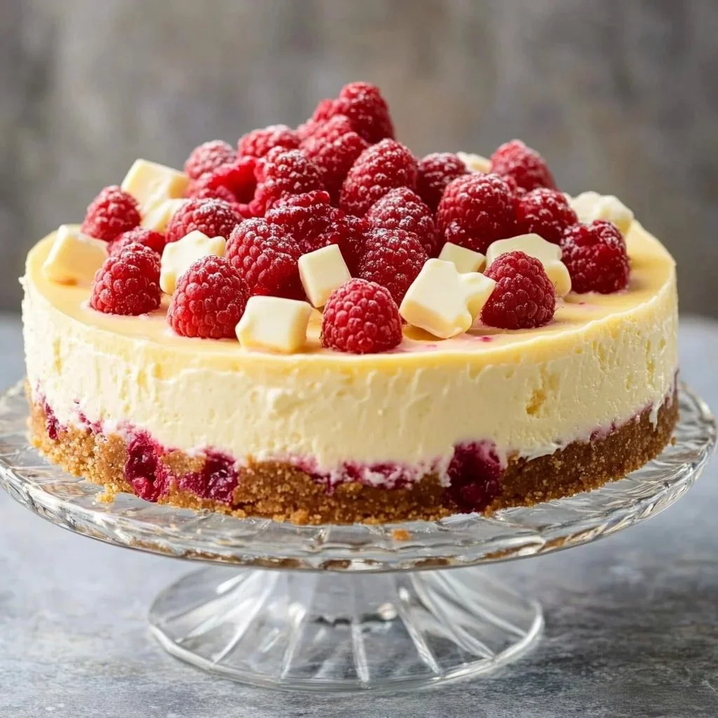 No-bake gluten-free white chocolate raspberry cheesecake with fresh raspberries