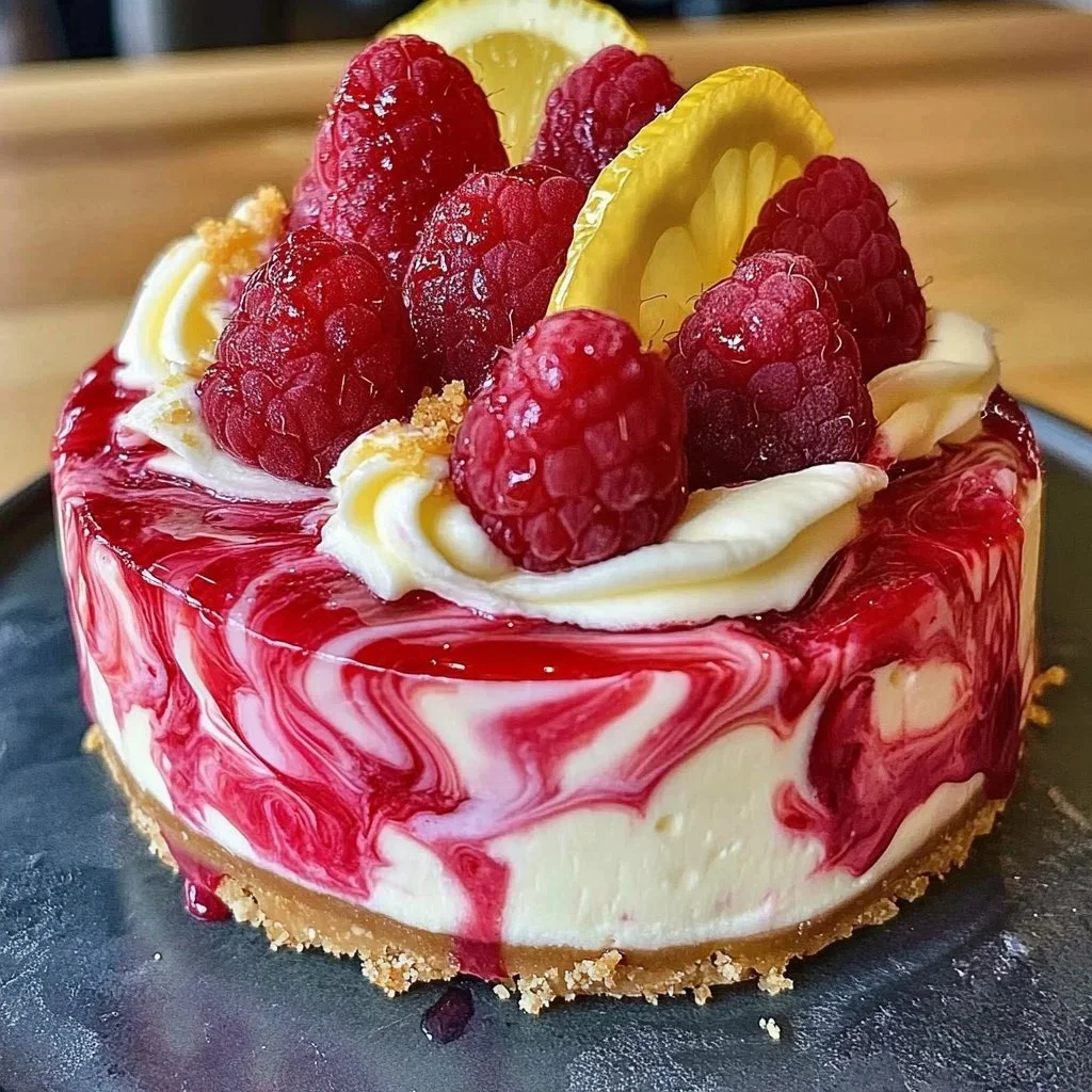 No-Bake Raspberry Lemon Swirl Cheesecake garnished with raspberries and lemon zest.
