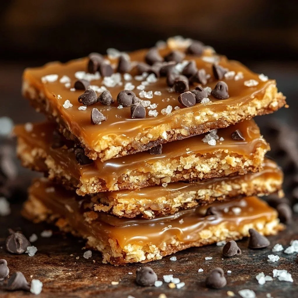 Delicious No-Bake Saltine Caramel Toffee Crunch dessert with chocolate and toffee.