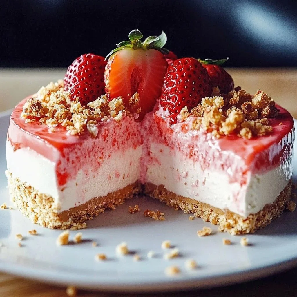 No Bake Strawberry Crunch Cheesecake topped with fresh strawberries.
