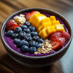 Nutritious acai bowl topped with fresh fruits and granola, vibrant colors for a healthy meal