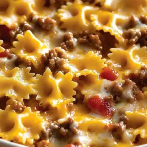 Delicious one-pan cheesy beef casserole topped with melted cheese and herbs.