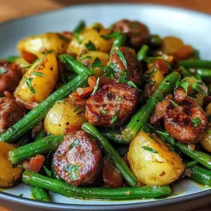 One Pan Sausage Potato Green Beans dish, a flavorful and easy meal option.