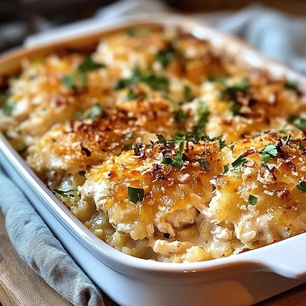 One-Pot No-Peek Chicken Bake served in a dish with fresh herbs