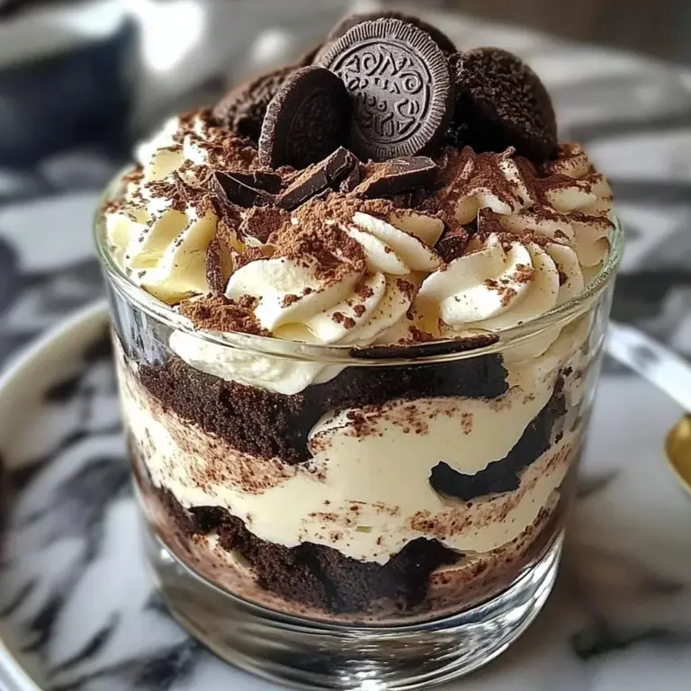 Delicious Oreo Tiramisu Trifle layered with creamy filling and crushed Oreos.