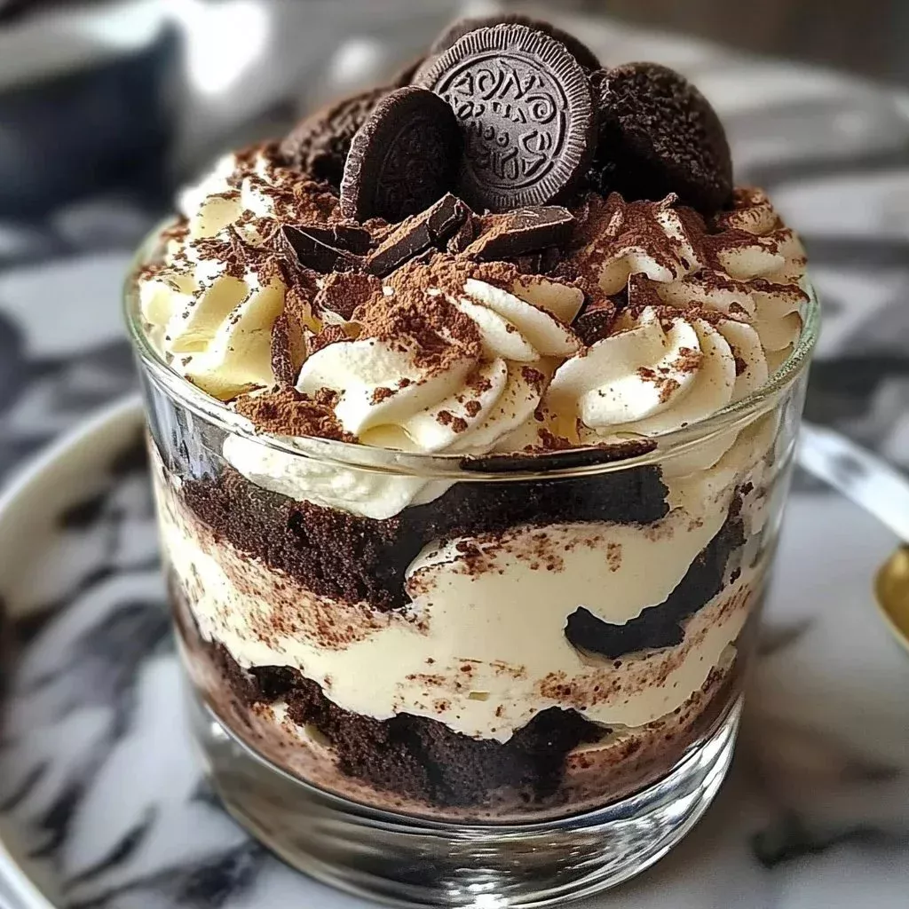 Delicious Oreo Tiramisu Trifle layered with creamy filling and crushed Oreos.