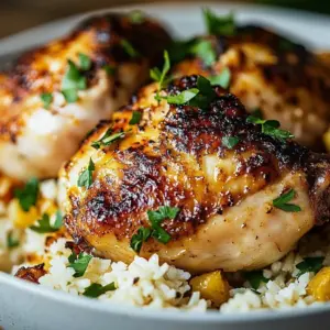 Oven baked chicken served with rice on a plate