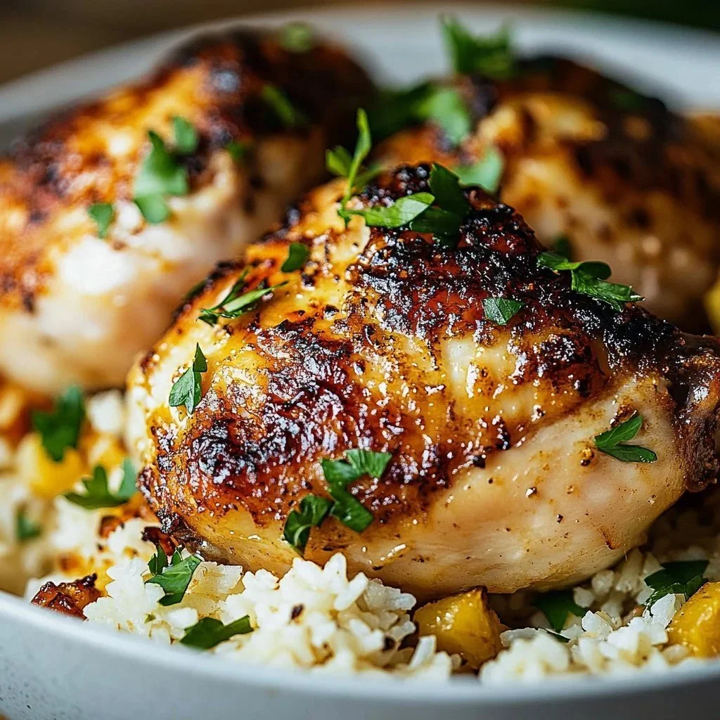 Oven baked chicken served with rice on a plate