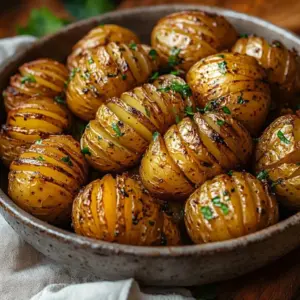 Oven-baked Hasselback potatoes drizzled with vegan mayo and herbs