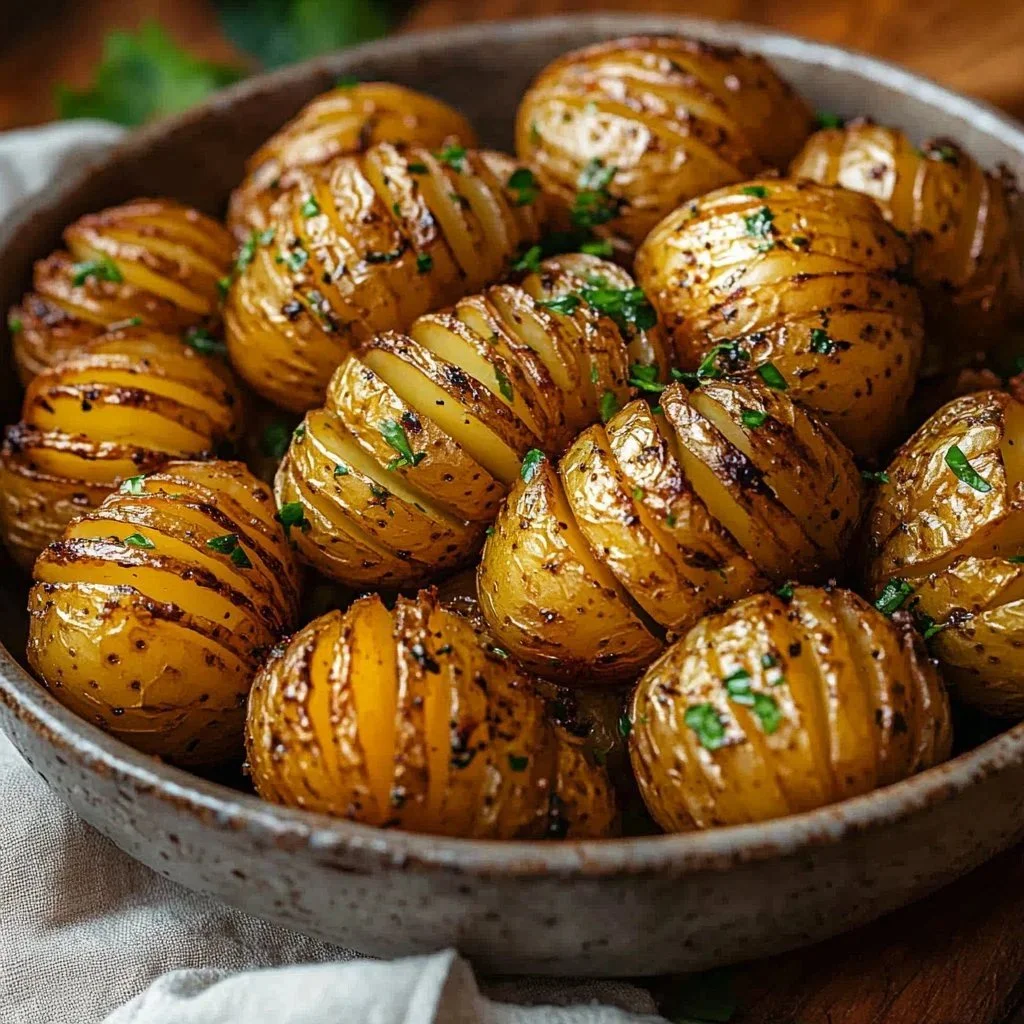 Oven-baked Hasselback potatoes drizzled with vegan mayo and herbs