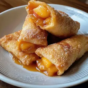 Delicious Peach Cobbler Egg Roll Delight served with a scoop of ice cream.