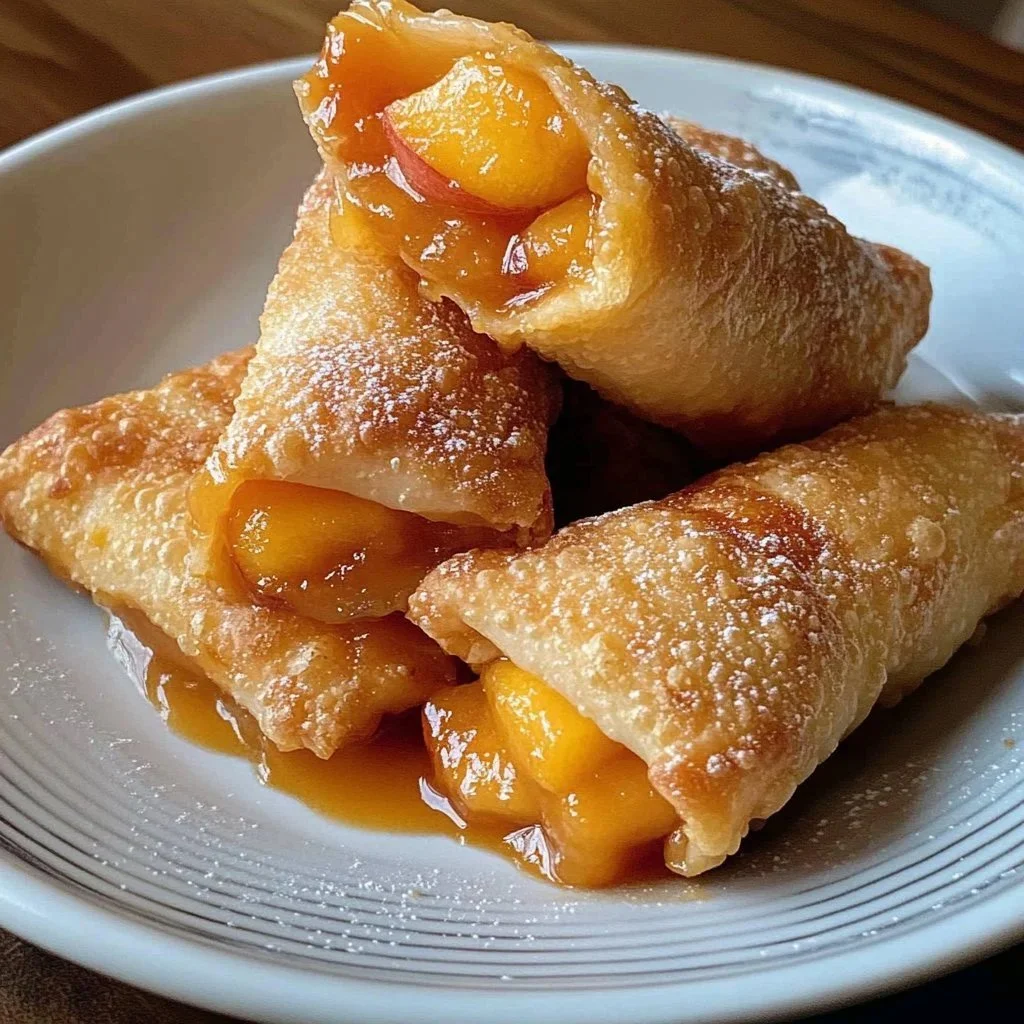Delicious Peach Cobbler Egg Roll Delight served with a scoop of ice cream.