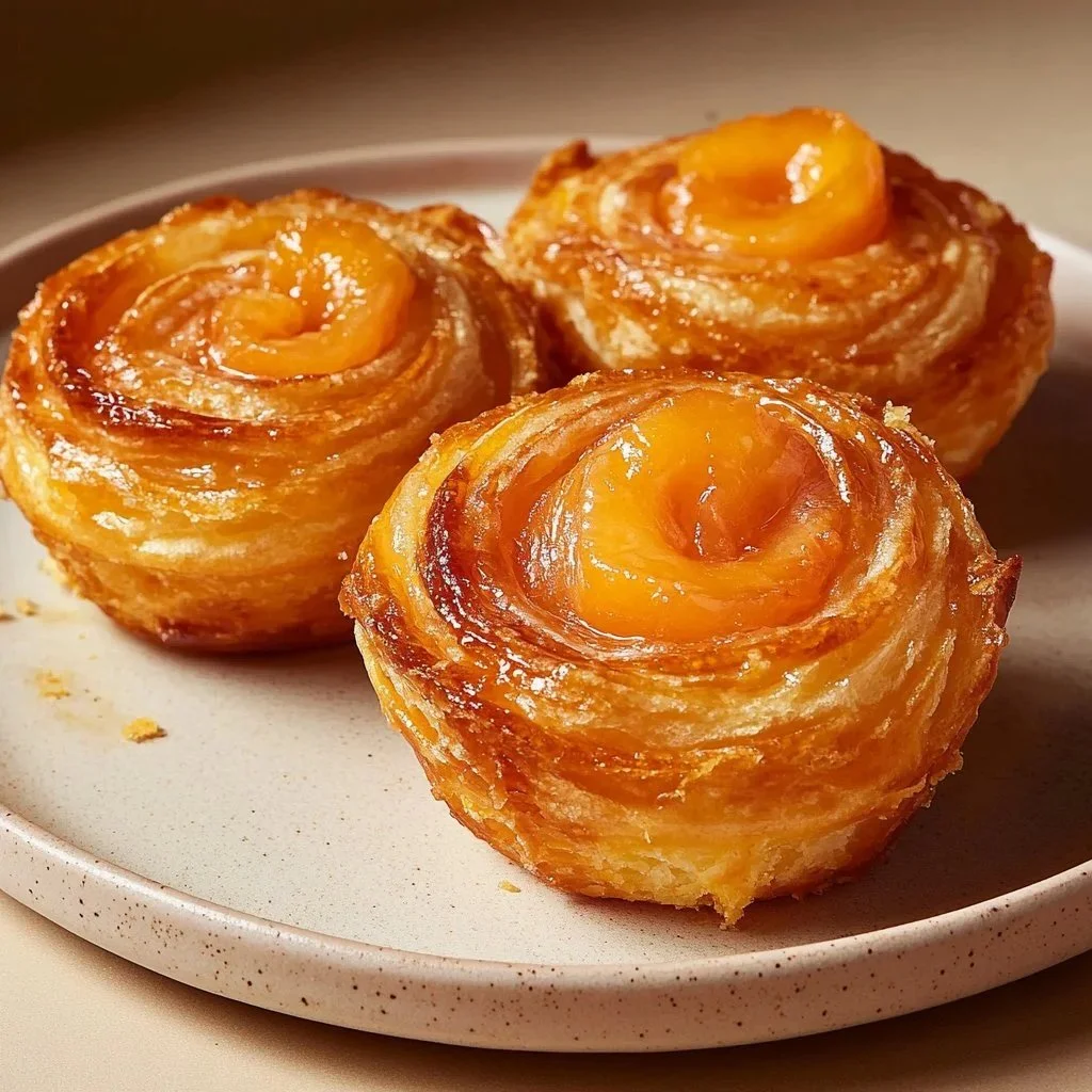 Peach Croissant Pie Bites on a plate, showcasing their flaky, golden crust and peach filling.