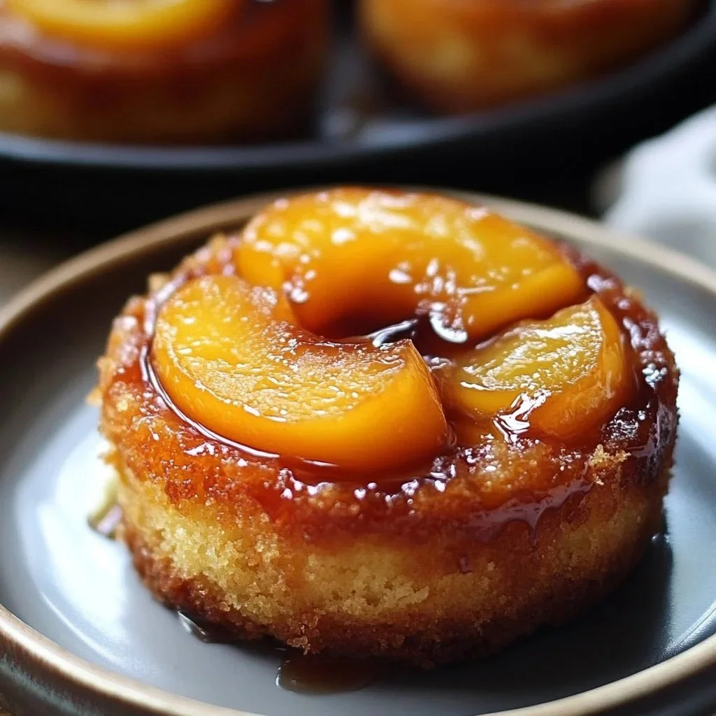 Peach-glazed mini cakes topped with fresh peaches and drizzled glaze.