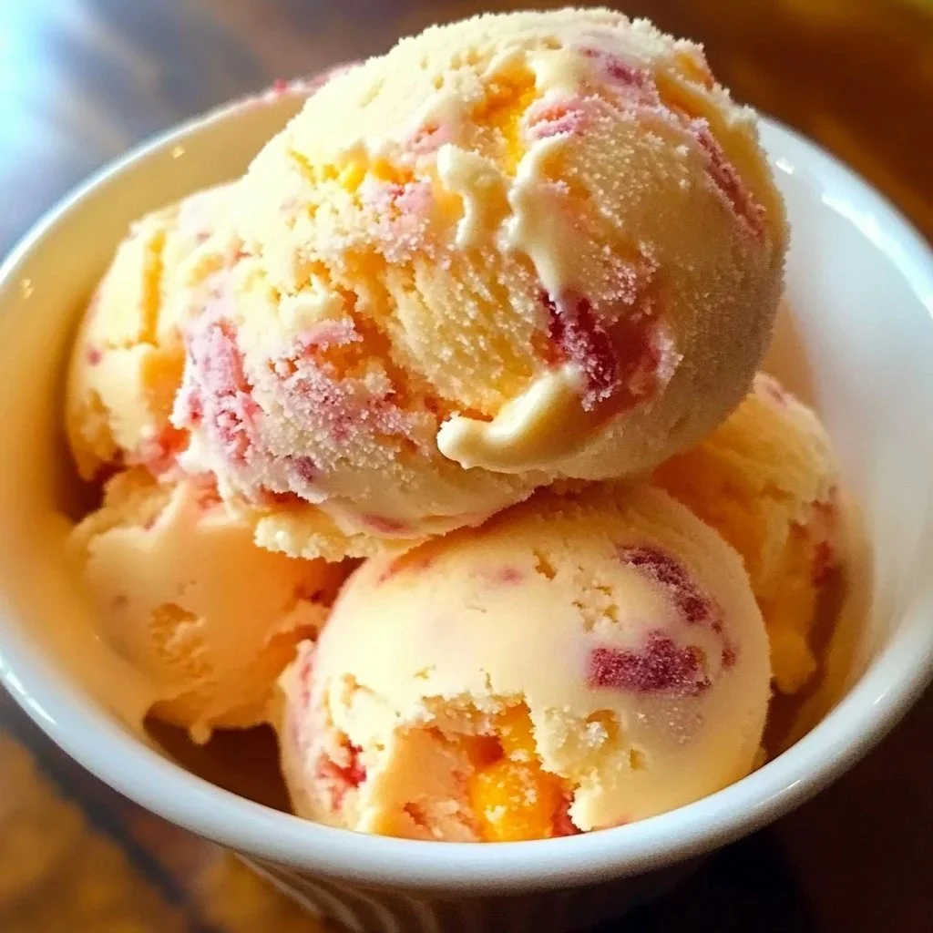 Peachy homemade ice cream served in a bowl with fresh peaches