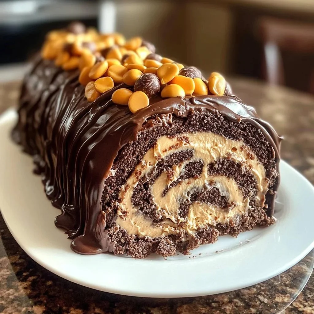Delicious Peanut Butter Cup Roll Cake with creamy frosting and chocolate decor.