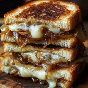 Pear apple grilled cheese sandwich with caramelized onions on a plate