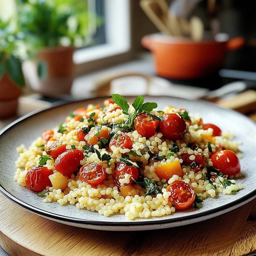 Delicious Pearled Couscous Delight dish with vegetables and herbs