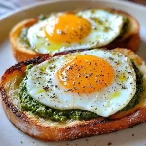 Pesto fried eggs served with various toppings for a flavorful breakfast