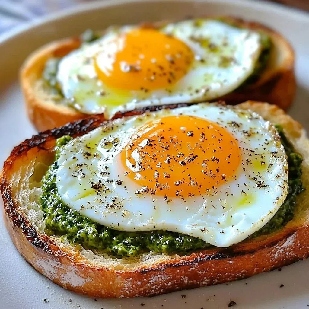 Pesto fried eggs served with various toppings for a flavorful breakfast