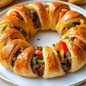 Philly Cheesesteak Crescent Ring fresh out of the oven, served on a platter.