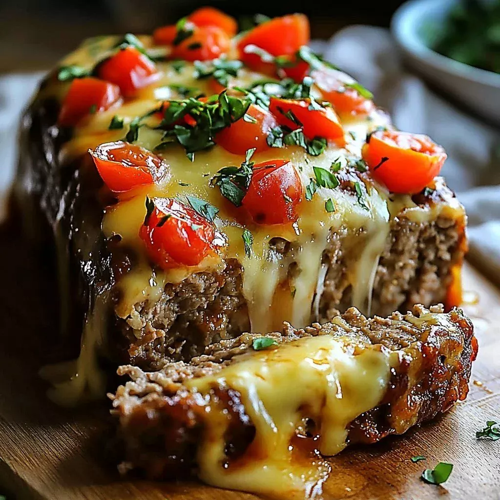Delicious Philly-style cheesesteak meatloaf topped with melted cheese and peppers