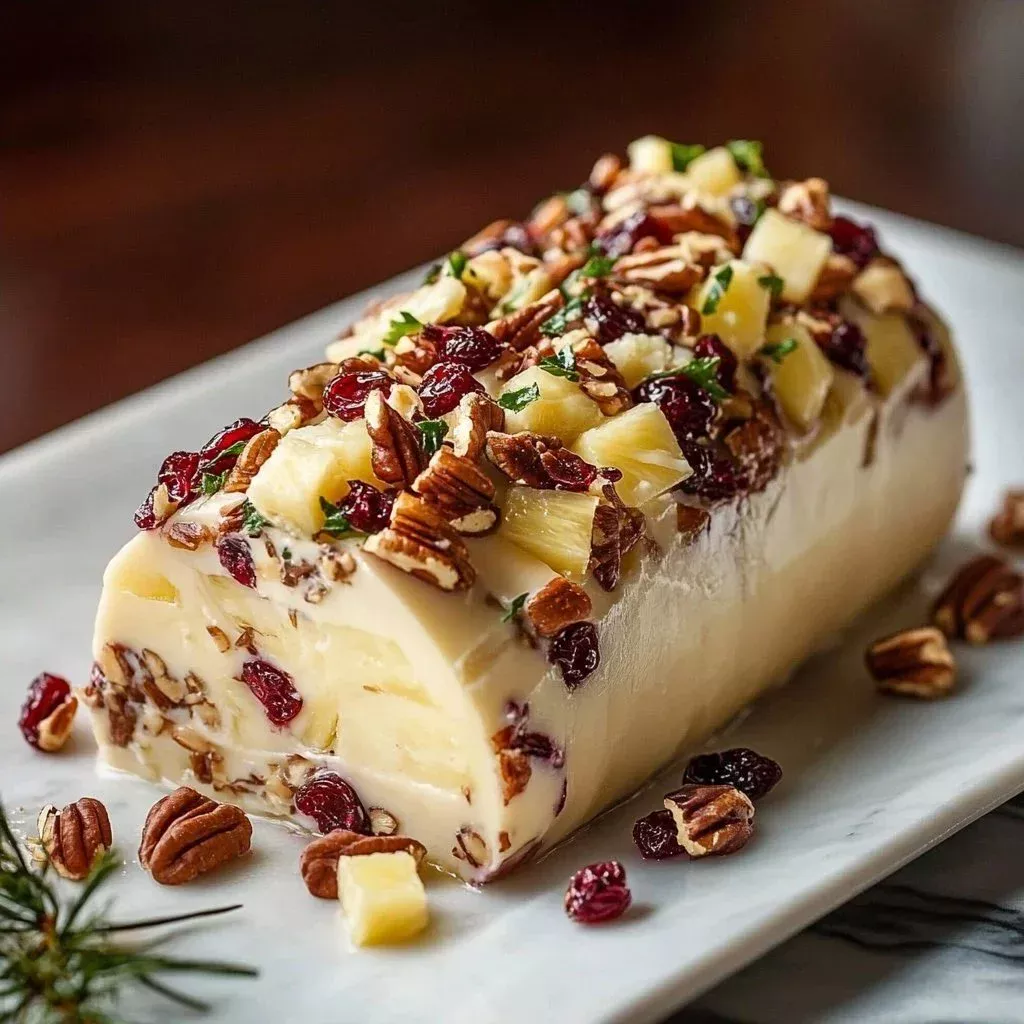 Pineapple Cranberry Cheese Log served on a platter with crackers