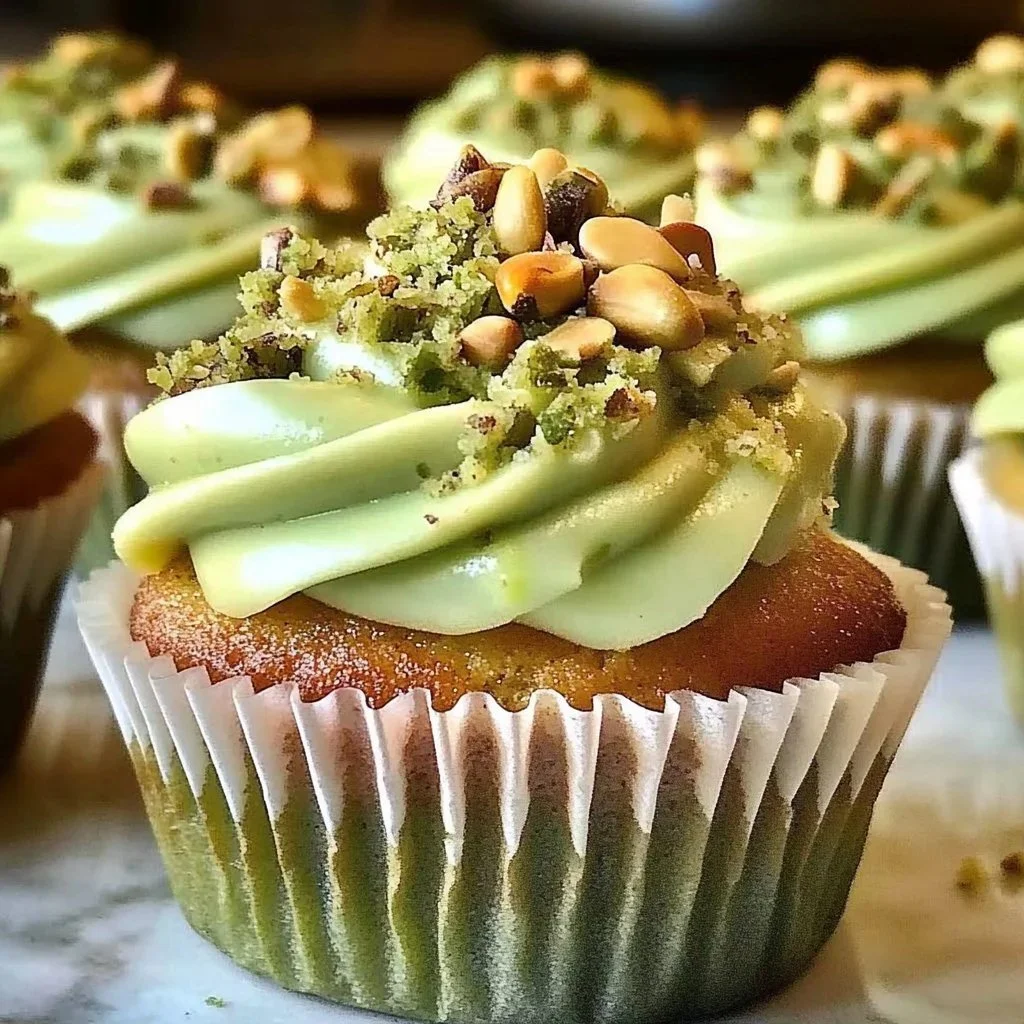 Pistachio cupcakes decorated with vanilla buttercream frosting and sprinkles.